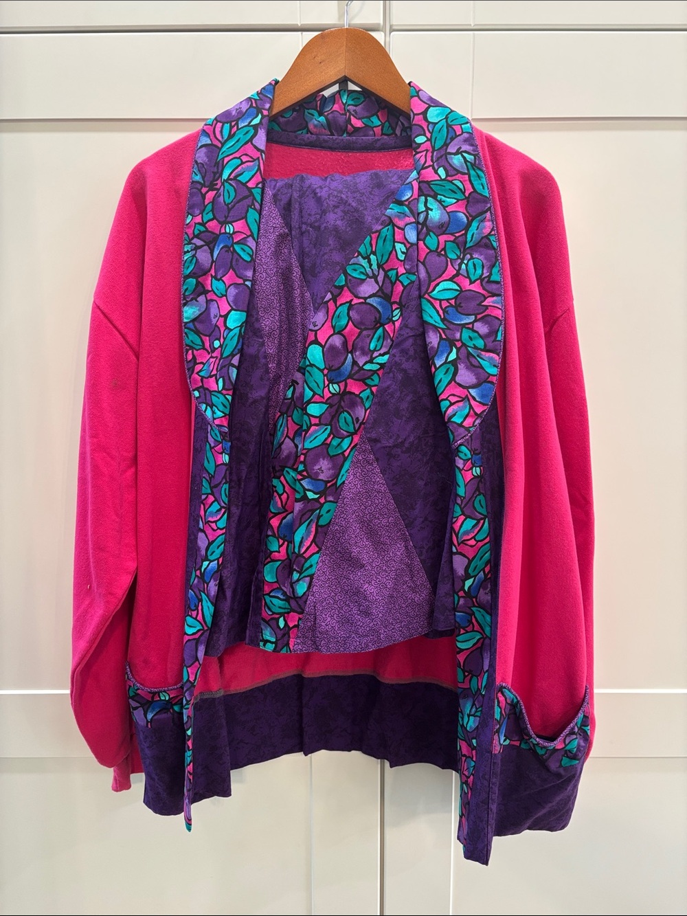 Handmade Pink and Purple Floral Trim Women's Open Cardigan with Skirt
